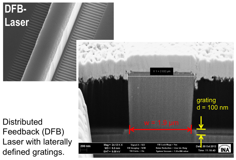 SEM views of ridge waveguide lasers with lateral feedback grating. The cross-cut was realized by a focussed ion beam system (dual-beam FIB).