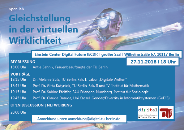 Open Lab "Gleichstellung in der virtuellen Wirklichkeit", 27.11.2018, 18 Uhr, Einstein Center Digital Future (ECDF), großer Saal, Wilhelmstr. 67, 10117 Berlin
