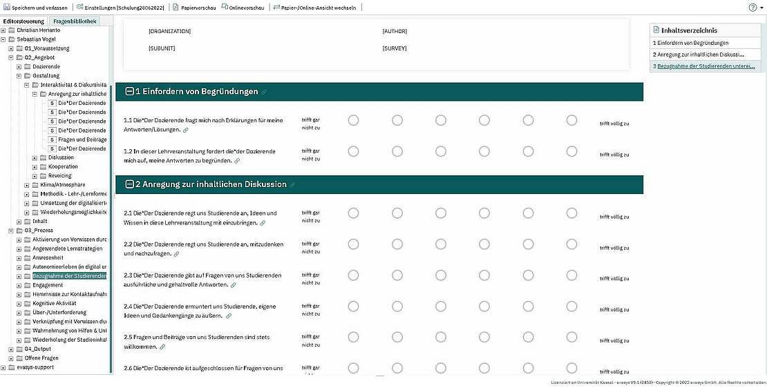 Ein Screenshot aus der Anwendung der Toolbox: Ein Fragebogen für die Studierenden.