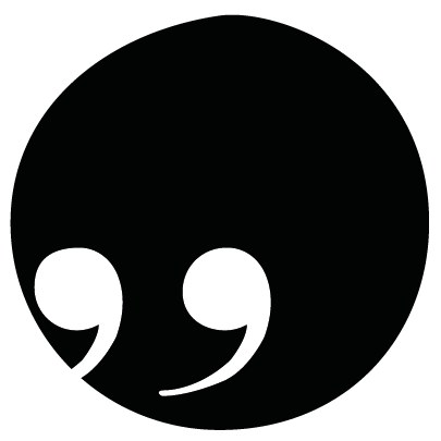 A black circle with white quotation marks in the lower left area