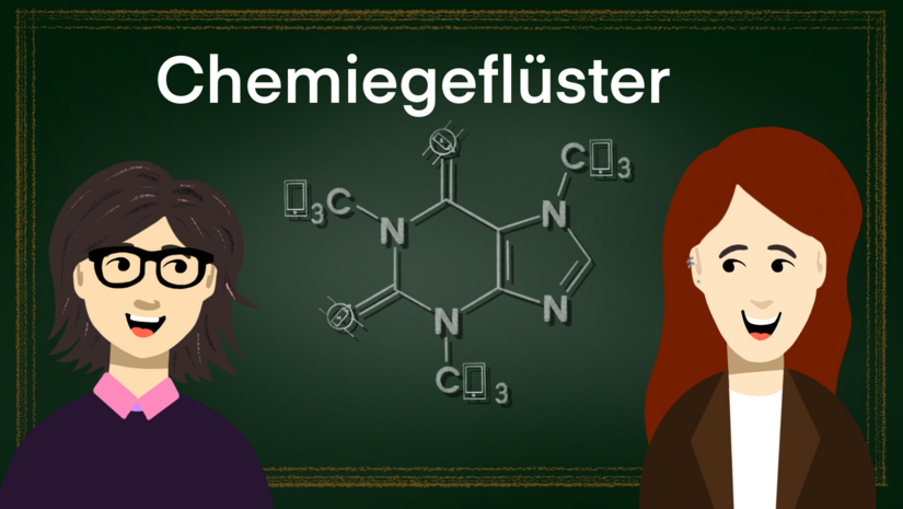 Cartoon des Podcasts Chemiegeflüster mit einem Molekül sowie Mareike Frevert und Natalie Ahne
