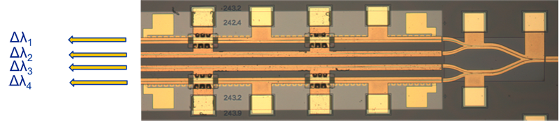 Monolithically integrated wavelength tunable ultra-narrow line width laser chip based on quantum dot material.