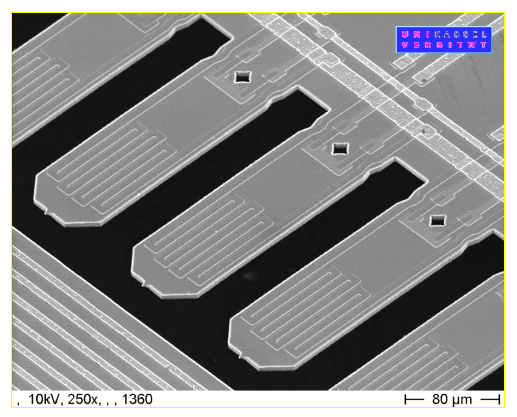 SEM picture of a part of a cantilever array with integrated actuator and Piezo sensors
