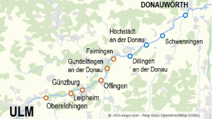 Untersuchungsgebiet mit sechs Wasserkraftwerken im oberen Donaukanal (rot) und vier Wasserkraftwerken im mittleren Donaukanal (blau)