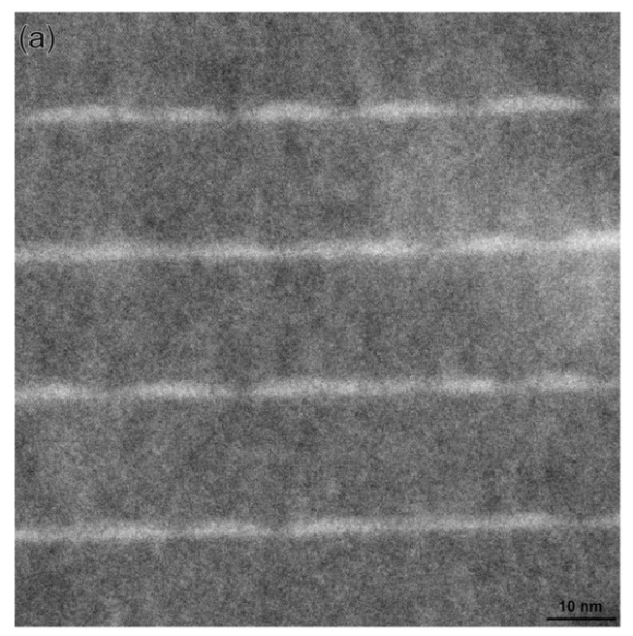 Cross-sectional high-angle annular dark-field scanning transmission electron microscopy (HAADF-STEM) micrograph of the InAs/InAlGaAs/InP QDs structure viewed in the [110] direction (perpendicular to the QDs elongation direction).