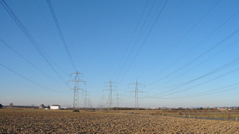 The picture shows three large overhead power lines over farmland