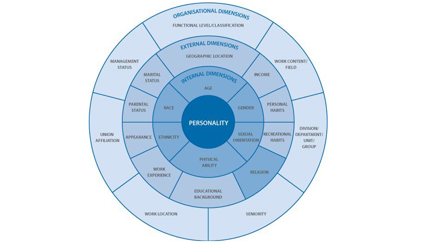 Graphic of a wheel with 4 circles. From inside to outside: Personality, Inner Dimension, Outer Dimension and Organisational Dimension. Each circle is again divided into several sections. Inner dimension such as age, gender, sexual orientation, mental and physical abilities, national origin/ marriage, social origin; outer dimension such as place of residence, income, habits, leisure behaviour, religion and world view, education, work experience, appearance, parenthood, marital status; organisational dimension such as function/ classification, work content/ field of work; department/ division, duration of employment/ study, work/ study location, research content/ field of research, type of employment. 