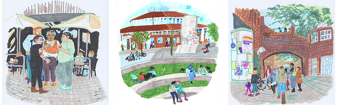 Drei Illustrationen des Campus Holländischer Platz