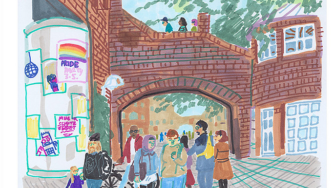 3 Illustrationen des Campus: Vor dem  Pavillion, Vor der Zentralmensa, in der Diagonale. Diverse Personen sind abgebildet.