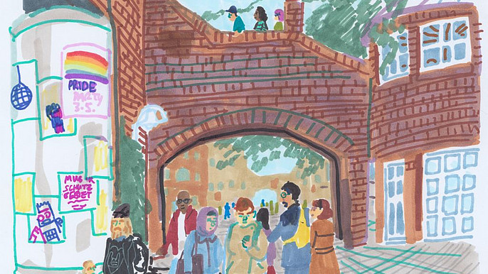 Illustration einer Szene auf dem Campus Holländischer Platz. Es sind vielfältige Personen abgebildet und auf einer Litfasssäule ist unter anderem ein Plakat mit Regenbogenfahne zu sehen.