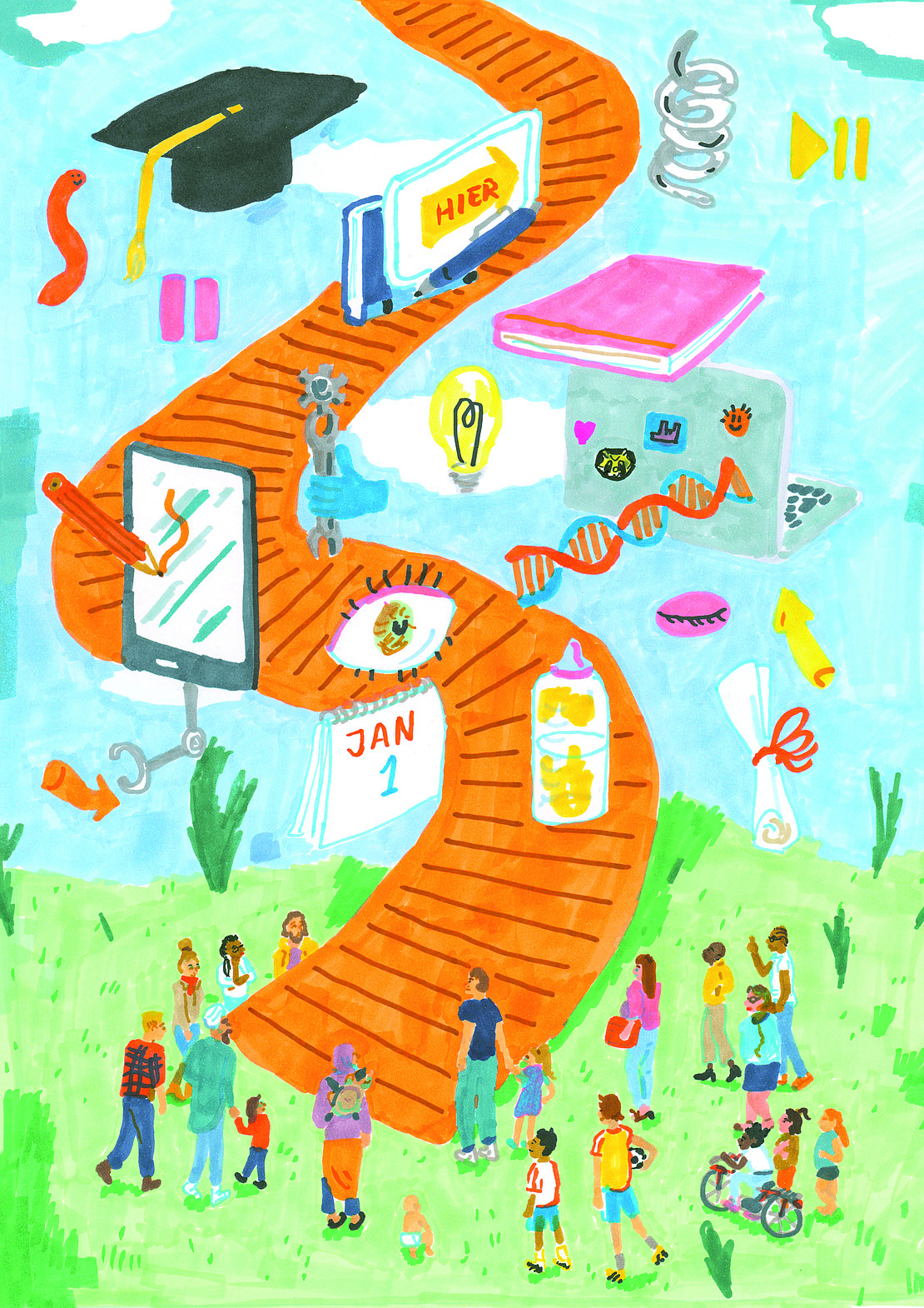 Abstrakte Illustration, die unterschiedliche Aspekte der Organisation von Studium mit Kindern darstellt: Auf einer Wiese führt eine geschwungene Treppe in den blauen Himmel. Neben und über der Treppe schweben Symbole, die das Studium mit Kind symbolisieren. Folgende Symbole sind abgebildet: ein Doktorhut, ein aufgeklappter Laptop, eine Glühbirne, ein Tischkalender, Bücher, ein Bücherwurm, ein Tablet, ein Auge, eine Doppelhelix, ein Pausenzeichen, eine Hand mit Maulschlüsselwerkzeug, eine Babyflasche, eine Spirale und Pfeile. Um die Treppe versammelt steht eine Gruppe von Erwachsenen, Kindern und Babys. Sie sehen sich die Treppe und die darüber schwebenden Symbole an.
