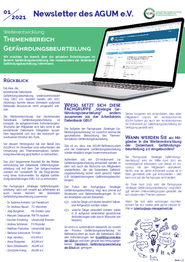 AGUM e.V., Newsletter 01/2021, Schwerpunkt Gefährdungsbeurteilung