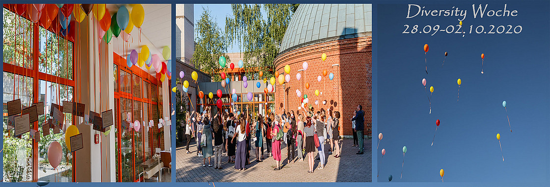 3 Fotos von bunten Luftballons, vielen Personen vor dem Gießhaus und Luftballons vor blauem Himmel