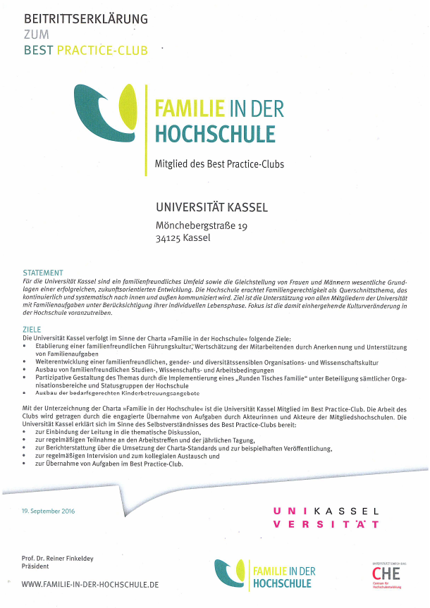 Beitrittsurkunde Universität Kassel zum Verein Familie in der Hochschule e.V.