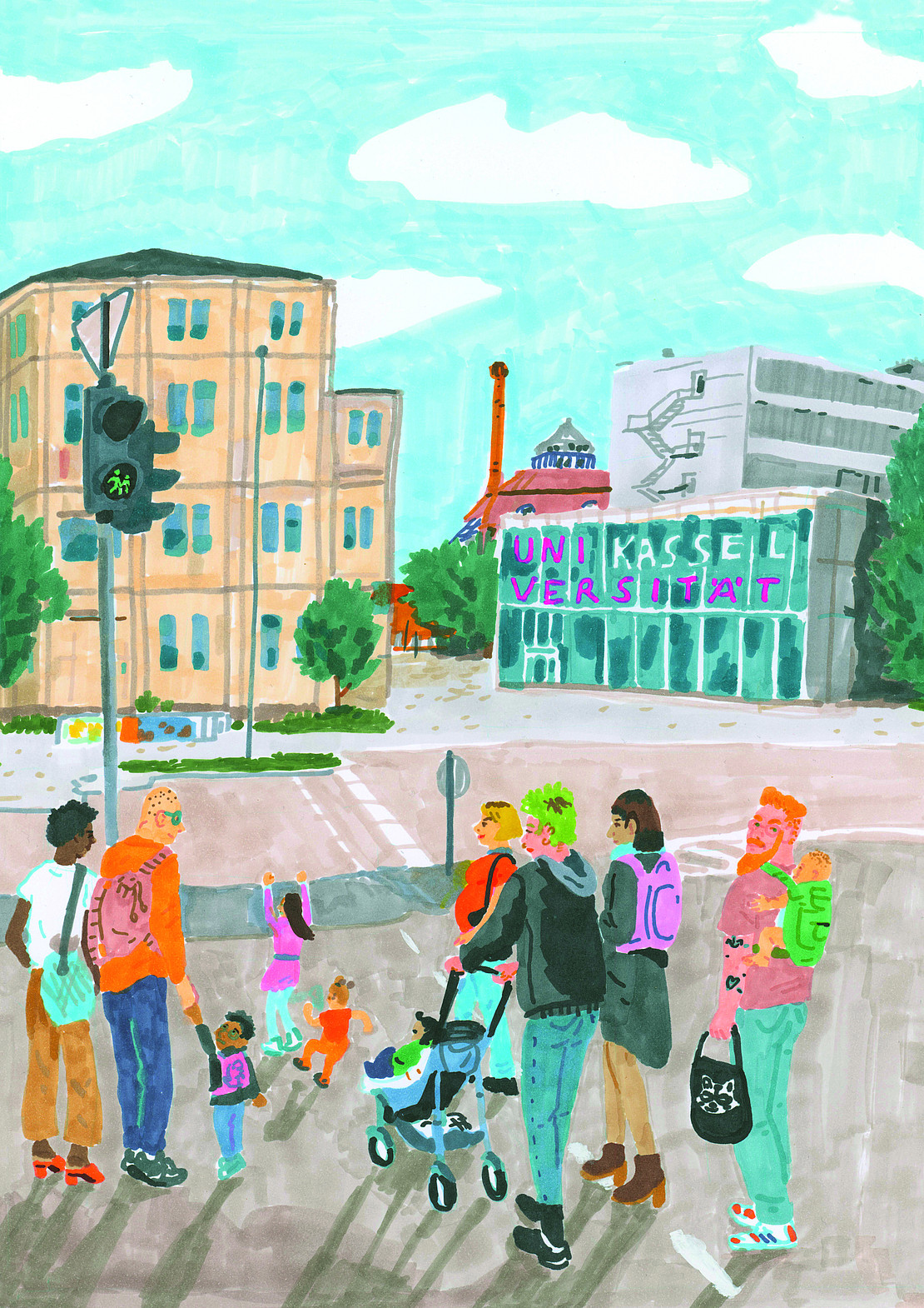 Illustration einer Gruppe von sechs Personen und fünf Kindern. Sie überqueren die Straßenkreuzung am Holländischen Platz und laufen auf den Campus der Universität zu. Im Hintergrund sieht man links das Gebäude vom K10 und rechts das Glasgebäude der Ingenieurswissenschaften. 