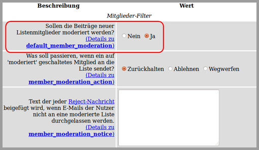  (öffnet Vergrößerung des Bildes)Moderation einer Mailliste einstellen