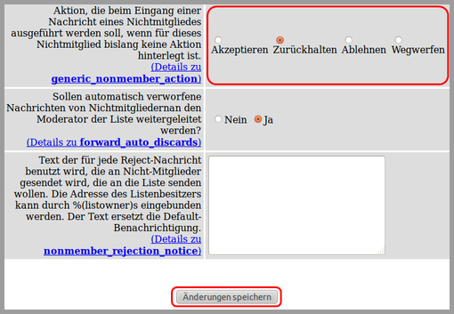  (öffnet Vergrößerung des Bildes)Einstellung für Mails von Nichtmitgliedern der Mailliste
