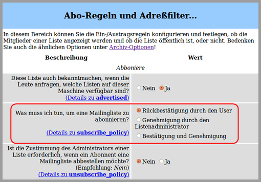  (öffnet Vergrößerung des Bildes)Einstellung zum Abonnieren einer Mailliste