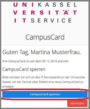 CampusCard aktivieren - Fenster "CampusCard sperren"