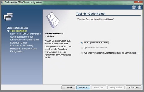 Screenshot des Fensters Task der Optionsdatei mit der Auswahl neue Optionsdatei erstellen.