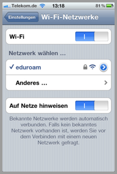 Benutzeroberfläche Wi-Fi Netzwerke mit eduroam verbunden