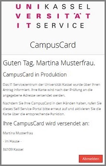 CampusCard aktivieren - Meldung CampusCard in Produktion für Mitarbeiter