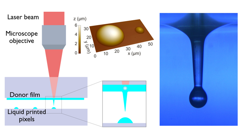 The left part of the image shows a diagram of the laser printing process. It shows a laser beam, a microscope objective, a donor film and a target substrate. The laser beam is red and is directed at the donor film which is blue. the laser is focussed by an objective. Small droptlets of the film are ejected onto the target substrate. The middle part of the image shoaws a 3D representation of a droplet on the target substrate measured by AFM. It has the shape of a half sphere. The Diameter of the droplet is 20 micrometer and its height 6 micrometers. The right part of the image shows an actual photograph of a droplet which is ejected from the donor film, but still connected by a thin pillar of liquid.