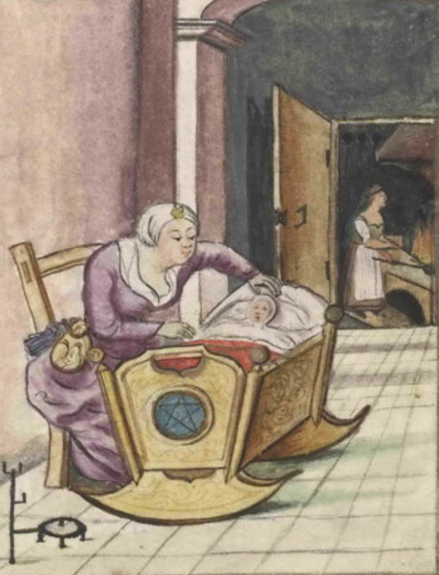 Mutter und Wiegenkind: Zeichnung von ca. 1520 aus dem Trachtenbuch von Matthäus Schwarz.