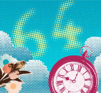 The picture shows a 64, a clock and flowers.