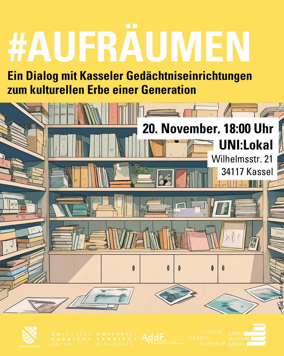 Veranstaltungsplakat mit Skizze eines Bücherregals und Schriftzug "#Aufräumen"