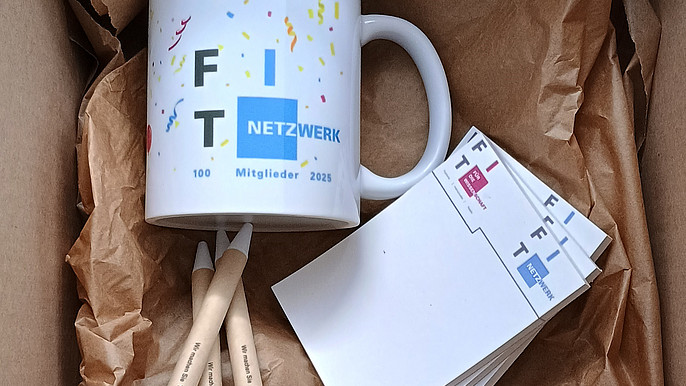 Shows the contents of the anniversary package with a mug with the inscription "FIT Network 100 Members 2025", 3 notepads with the two FIT logos and 3 ballpoint pens with the inscription "We make you FIT for science"
