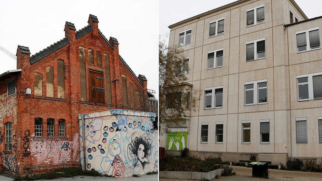 The photos show the historic buildings K19 and K10 on the campus Holländischer Platz, which are to be rebuilt by the University of Kassel.