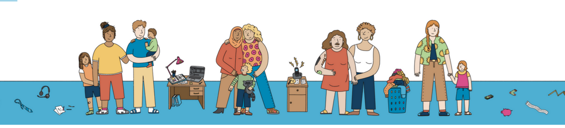 Abbildung im Comic-Stil von mehreren verschiedenen Familien mit Kindern