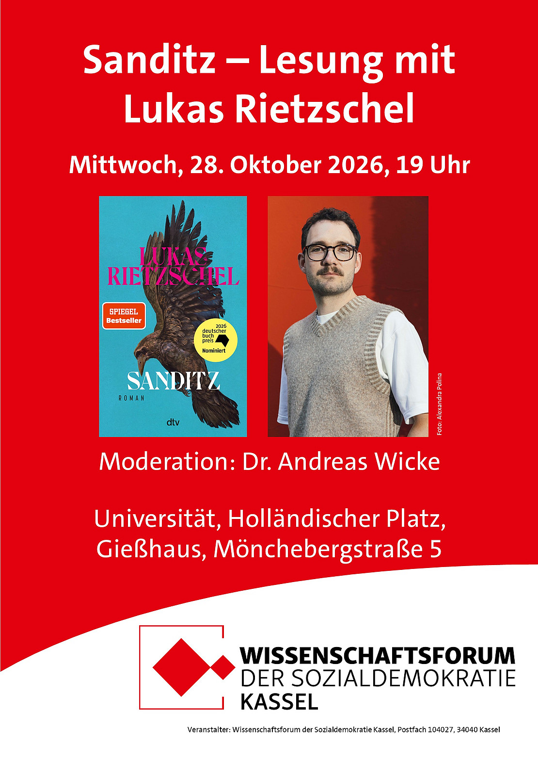 Veranstaltungsplakat in rot weiß mit Text und Bildern vom Buchcover und Lukas Rietschel
