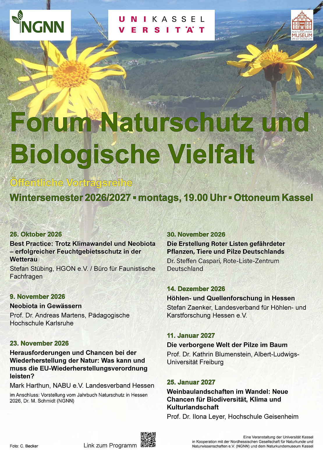 Event poster listing all seven dates. The background behind the text features a green landscape with large yellow flowers.