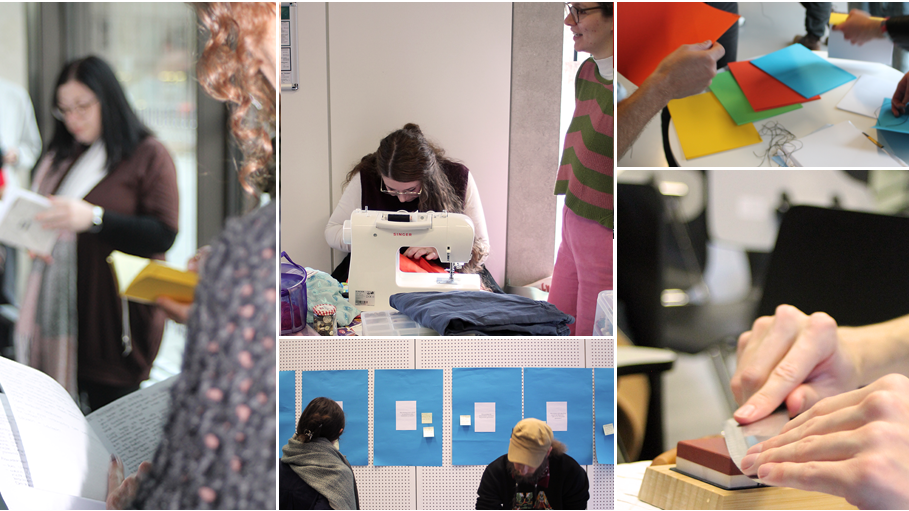 Collage of 5 photos showing people working with different materials