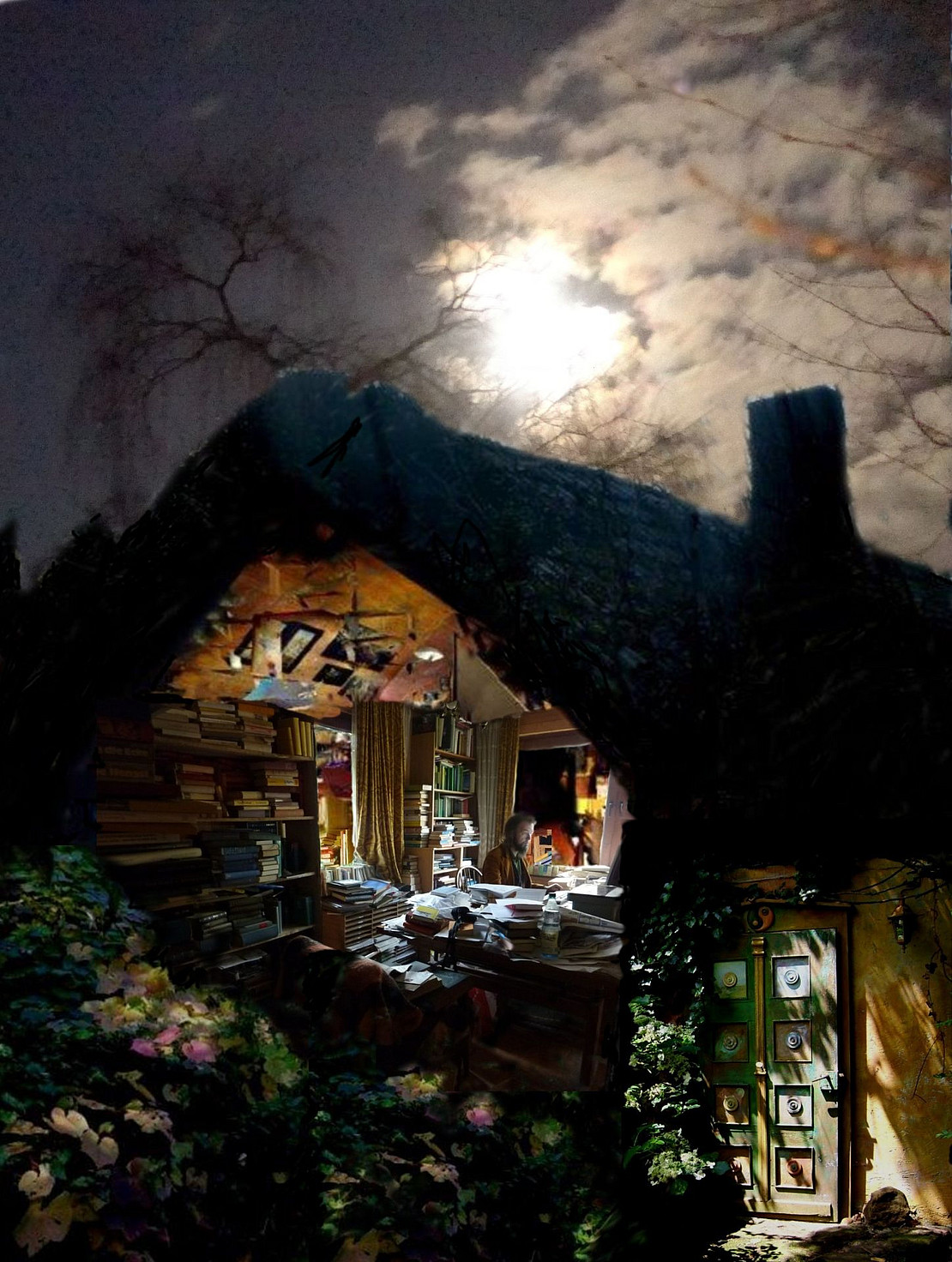 Ein Mann sitzt bei Nacht in einem Haus voller Bücher